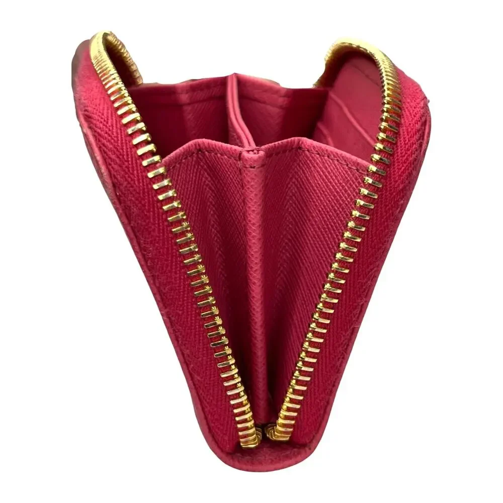Prada Saffiano Leather Zip Coin Purse Compact Wallet Pink Gold Logo Italy Small